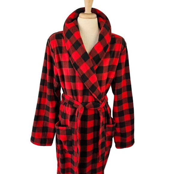 Wonder Shop Holiday Robe Red Black Plaid Poly Tie Close Hand Pockets Adult L NEW - Picture 6 of 8
